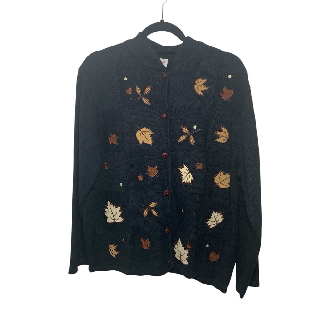 Crystal Kobe Cotton Blend Sweater Holidays Leaves Design Cardigan Size L